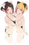  2girls absurdres animal_ears ass asymmetrical_docking bangs bare_arms bare_shoulders bikini black_bikini black_hair blonde_girl_(cloba) blonde_hair blush breast_press breasts bunny_tail cleavage cloba collarbone commentary_request cropped_legs eyebrows_visible_through_hair halterneck heart heart_in_mouth highres looking_at_viewer medium_breasts middle_finger multiple_girls navel o-ring o-ring_bikini o-ring_top open_mouth original player_2_(cloba) pout red_eyes short_hair side-tie_bikini signature smile string_bikini swimsuit symmetrical_docking tail tongue tongue_out white_background white_bikini yellow_eyes 