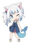  1girl ;d animal_ears bangs blue_dress blue_eyes blue_hair blue_nails brown_footwear cat_ears chibi commentary_request dress fish_tail full_body gawr_gura hair_cubes hair_ornament highres hololive hololive_english long_hair looking_at_viewer multicolored_hair one_eye_closed open_mouth osaragi_mitama platform_footwear sandals shark_tail sharp_teeth side_ponytail sleeveless sleeveless_dress smile solo standing streaked_hair tail teeth toenail_polish virtual_youtuber 