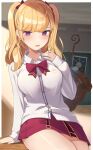  1girl arm_support bag bangs blonde_hair blurry blurry_background blush book bookmark bow breasts cardigan collared_shirt commentary_request dated depth_of_field eyebrows_visible_through_hair fang hair_bow hand_up highres hirota_fruit indoors long_hair long_sleeves looking_at_viewer medium_breasts nijisanji open_mouth pleated_skirt purple_eyes red_bow red_skirt school_bag school_uniform shirt skirt sleeves_past_wrists solo staff takamiya_rion twitter_username two_side_up virtual_youtuber white_cardigan white_shirt 