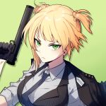  1girl asymmetrical_hair bangs black_gloves black_jacket blonde_hair breasts collared_shirt commentary frown girls_frontline gloves green_background green_eyes gun handgun holding holding_gun holding_weapon jacket jacket_on_shoulders looking_at_viewer medium_breasts necktie pinstripe_pattern pinstripe_vest quz shirt short_hair solo striped twintails upper_body vest weapon welrod_mk2 welrod_mk2_(girls_frontline) 