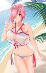  1girl arind_yudha bangs bare_shoulders beach bikini breasts cleavage collarbone fate/grand_order fate_(series) hair_over_one_eye highres large_breasts light_purple_hair looking_at_viewer mash_kyrielight multicolored multicolored_bikini multicolored_clothes navel purple_eyes rainbow_bikini sheer_clothes shore short_hair smile solo striped striped_bikini swimsuit swimsuit_of_perpetual_summer_ver.02 thighs 