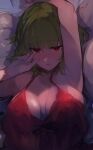  1girl armpits bangs bare_shoulders breasts brown_eyes cleavage covered_nipples from_above green_hair highres large_breasts lying on_back original red_nightgown tomocha_(tmc_tmc8) 