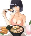  1girl arm_up bangs bare_shoulders blunt_bangs bowl breasts chopsticks cleavage collarbone cup_ramen eating egg food highres holding holding_chopsticks hyuuga_hinata kamaboko large_breasts looking_at_viewer naruto_(series) naruto_shippuuden narutomaki noodles nori_(seaweed) open_mouth pink_tank_top rakeemspoon ramen shiny shiny_hair short_hair smile solo tank_top upper_teeth 