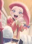  1girl :d absurdres black_bow blue_eyes bow food hair_bow hands_clasped highres huge_filesize indoors japanese_clothes jessie_(pokemon) long_hair low-tied_long_hair onigiri open_mouth own_hands_together pokemon pokemon_(anime) pokemon_(classic_anime) red_hair rice ruru_(gi_xxy) smile snow standing sushi window younger 