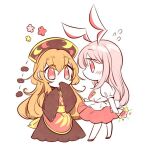  2girls animal_ears bangs belt black_dress black_headwear blush brown_footwear bunny_ears chibi chinese_clothes crescent dress eyebrows_visible_through_hair eyes_visible_through_hair flower flying_sweatdrops hair_between_eyes hands_up hat hiroshige_36 junko_(touhou) long_hair long_sleeves looking_at_another multiple_girls orange_hair pink_flower pink_hair pink_neckwear pink_skirt pom_pom_(clothes) red_eyes red_vest reisen_udongein_inaba shirt shoes short_sleeves simple_background skirt standing touhou vest white_background white_shirt yellow_flower yellow_neckwear yellow_vest yuri 
