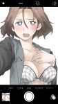  2girls annotated azumi_(girls_und_panzer) bangs black_jacket blue_eyes blush bow bow_bra bra breasts bright_pupils brown_hair commentary elf_(stroll_in_the_woods) girls_und_panzer grey_bra half-closed_eyes highres jacket lace-trimmed_bra lace_trim long_sleeves looking_at_viewer medium_breasts military military_uniform multiple_girls no_shirt open_clothes open_jacket open_mouth opened_by_self parted_bangs phone_screen rumi_(girls_und_panzer) selection_university_military_uniform selfie short_hair simple_background solo_focus translated underwear uniform upper_body white_background white_pupils 