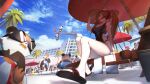  1girl absurdres barefoot_sandals blue_eyes breasts building cleavage cloud cocktail_glass coconut cup drinking_glass english_commentary hair_behind_ear hat highres indie_virtual_youtuber jin_grey_paladin laughing legs looking_to_the_side medium_breasts muscular orange_hair palm_tree panda samantha_(admiral_bahroo) sandals shadow sky summer sun_hat sunglasses tree umbrella umeru_(admiral_bahroo) virtual_youtuber 
