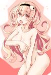  1girl bangs blush breasts cleavage collarbone commentary_request compa covering covering_breasts covering_crotch eyebrows_visible_through_hair flying_sweatdrops hair_between_eyes highres iwashi_dorobou_-r- large_breasts long_hair looking_at_viewer navel neptune_(series) nude open_mouth pink_eyes pink_hair 