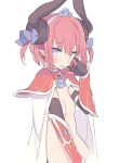  1girl alternate_hair_length alternate_hairstyle armor bangs blade_(galaxist) blue_eyes blue_ribbon blush breasts cape choker curled_horns dragon_horns elizabeth_bathory_(brave)_(fate) elizabeth_bathory_(fate)_(all) eyebrows_visible_through_hair fate/grand_order fate_(series) hair_between_eyes hair_ribbon hand_up horns navel nipples parted_lips pauldrons photoshop_(medium) pink_hair pointy_ears red_choker ribbon short_hair shoulder_armor sidelocks silver_trim small_breasts solo tiara two_side_up vambraces wavy_mouth white_cape 