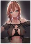 1girl absurdres backlighting bangs bare_shoulders black_bow black_bra blush border bow bra breasts breasts_apart brown_hair closed_mouth collarbone commission cupless_bra eyebrows_visible_through_hair girls_frontline green_eyes hair_bow highres long_hair looking_at_viewer m1903_springfield_(girls_frontline) medium_breasts nipples outstretched_arms polka_dot see-through skeb_commission smile solo tanaka212 underwear underwear_only unmoving_pattern upper_body white_border 