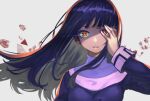  1girl asagami_fujino bangs beppu_mitsunaka breasts dress fate/grand_order fate_(series) kara_no_kyoukai long_hair looking_at_viewer open_mouth orange_eyes purple_hair simple_background smile solo upper_body white_background 