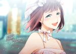  2015 :d amami_haruka blurry blurry_background blush bow brown_hair character_name choker collarbone dated floating_hair grey_eyes hair_bow half-closed_eyes happy_birthday idolmaster idolmaster_(classic) nogoodlife open_mouth ribbon ribbon_choker short_hair smile spaghetti_strap white_bow white_ribbon 