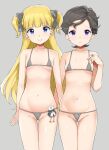  2girls bangs bikini black_bikini black_hair blonde_hair blue_eyes blunt_bangs blush bow breasts closed_mouth collarbone emilyko eyebrows_visible_through_hair frown grey_background groin hair_bow hair_ornament highres long_hair looking_at_viewer micro_bikini multiple_girls navel parted_hair ram_(shadows_house) shadows_house shiny shiny_skin short_hair simple_background skindentation small_breasts smile standing swimsuit thigh_gap two_side_up yatsune_rika 