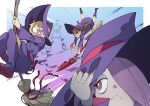  &gt;_o 3girls :c blonde_hair boots bright_pupils broom broom_riding brown_hair commentary doushimasho freckles green_eyes hand_on_headwear hat kagari_atsuko little_witch_academia lotte_jansson motion_lines multiple_girls one_eye_closed open_mouth purple_footwear purple_headwear purple_robe purple_theme red_eyes sucy_manbavaran wand white_pupils witch_hat 