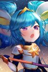  1girl :o ahoge armor bangs blue_gloves blue_hair eyebrows_visible_through_hair fang fur gloves gradient gradient_background hair_intakes highres holding holding_weapon league_of_legends long_hair magical_girl pointy_ears poppy_(league_of_legends) purple_eyes shiny shiny_hair shrimp_cake skin_fang solo star_(symbol) star_guardian_(league_of_legends) star_guardian_poppy twintails weapon yordle 