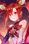  1girl artist_name bangs bare_shoulders covered_collarbone eyebrows_visible_through_hair gradient gradient_background grin highres jinx_(league_of_legends) league_of_legends long_hair looking_at_viewer navel red_eyes red_hair shrimp_cake smile solo star_(symbol) star_guardian_(league_of_legends) star_guardian_jinx starry_background stomach twintails very_long_hair watermark 