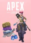  1girl apex_legends backpack bag beige_tank_top black_footwear black_pants blue_gloves clenched_hand closed_eyes copyright_name d.o.c._health_drone detached_sleeves double_bun gloves gun hand_on_hip headband headset highres lifeline_(apex_legends) open_hand pants parted_lips pink_background rifle robot science_fiction sentinel_esr smile sniper_rifle solo_focus sora-bakabon thigh_strap weapon weapon_on_back white_headband 