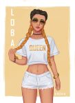  1girl alternate_hair_color apex_legends aviator_sunglasses black_choker black_hair border braid casual character_name choker clothes_writing cowboy_shot crop_top cutoffs dark-skinned_female dark_skin denim denim_shorts fingernails forehead gold_bracelet hair_over_shoulder head_tilt highres lips lipstick loba_(apex_legends) long_braid long_hair makeup multicolored_hair nail_polish navel nose open_mouth orange_hair outside_border red_lips scrunchie shirt shorts simple_background solo standing sunglasses t-shirt twin_braids two-tone_hair very_dark_skin white_border white_nails white_shirt white_shorts wrist_scrunchie yajuu_(tristan_maska) yellow-framed_eyewear 