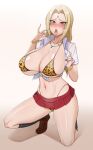  1girl alternate_costume animal_print blonde_hair blush bracelet breasts brown_eyes cleavage collarbone facial_mark fellatio_gesture forehead_mark handplug highres huge_breasts jewelry leopard_print long_hair microskirt midriff naruto naruto_(series) navel necklace open_mouth sexually_suggestive shirt skirt solo squatting tied_shirt tongue tongue_out tsunade 