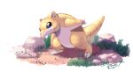  ant bug commentary_request gen_1_pokemon grass highres insect leaning_forward no_humans nogi_(sakanashikatabenai) pokemon pokemon_(creature) purple_eyes rock sandshrew signature standing 