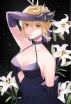  1girl artoria_pendragon_(all) black_background blonde_hair bow breasts cleavage cleavage_cutout clothing_cutout collarbone dress eyebrows_visible_through_hair fate/grand_order fate_(series) flower gloves hand_on_head holding holding_flower looking_at_viewer patterned_background purple_dress purple_gloves purple_theme saber_alter shimatori_(sanyyyy) solo white_flower yellow_eyes 