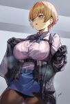  1girl bangs black_gloves black_jacket black_legwear blonde_hair blue_eyes blue_skirt blush bow bowtie breasts buttons collared_shirt eyebrows_visible_through_hair girls_frontline gloves highres jacket large_breasts long_sleeves looking_away open_mouth pantyhose pooor pouch shirt shirt_tucked_in short_hair skirt solo vsk-94_(girls_frontline) white_shirt 