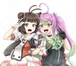  2girls antenna_hair black_gloves black_neckwear bow breasts brown_eyes brown_hair bubble_background cowboy_shot double_bun eyebrows_visible_through_hair gloves green_hair green_ribbon grey_sailor_collar hair_between_eyes heart heart_hands highres idol kantai_collection long_hair looking_at_viewer momo_(kancolle) multicolored_hair multiple_girls naka_(kancolle) neck_ribbon necktie open_mouth pink_hair purple_eyes red_bow remodel_(kantai_collection) ribbon sailor_collar school_uniform serafuku short_sleeves small_breasts smile tk8d32 twintails two-tone_hair v white_background white_gloves white_sailor_collar 