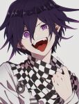  1boy :d bangs black_hair checkered checkered_scarf danganronpa_(series) danganronpa_v3:_killing_harmony evil_smile fangs grey_background grey_jacket hair_between_eyes highres jacket kitsunebi_v3kokonn long_sleeves looking_at_viewer male_focus messy_hair open_mouth ouma_kokichi purple_eyes purple_hair scarf short_hair simple_background smile solo spiked_hair symbol_commentary teeth tongue tongue_out upper_body upper_teeth 