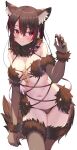  1girl absurdres animal_ear_fluff animal_ears black_gloves black_legwear black_nails black_panties blush bow breasts brown_hair cleavage commission cosplay cowboy_shot dangerous_beast elbow_gloves fate/grand_order fate_(series) fur-trimmed_collar fur-trimmed_gloves fur-trimmed_legwear fur_trim gloves hair_between_eyes hand_up highres jun_(aousa0328) kemonomimi_mode large_breasts long_hair looking_at_viewer mash_kyrielight mash_kyrielight_(cosplay) midriff multicolored_hair navel o-ring o-ring_top original panties red_eyes revealing_clothes skeb_commission smile solo streaked_hair tail thighhighs underwear wolf_ears wolf_girl wolf_tail 