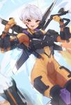  1girl absurdres apex_legends blush bodysuit brown_eyes clenched_hands covered_navel explosion headset highres holding jetpack kanotype looking_down mechanical_wings missile open_mouth orange_bodysuit science_fiction short_hair silver_hair smile solo valkyrie_(apex_legends) wings 