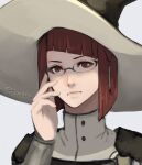  1girl closed_mouth cm_lynarc fire_emblem fire_emblem_awakening glasses grey_background hair_ornament hands_on_own_face hat looking_at_viewer medium_hair miriel_(fire_emblem) red_eyes red_hair solo turtleneck upper_body witch_hat 