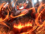  1boy abs brown_fur claws colored_sclera commentary_request fire from_below furry gen_7_pokemon green_eyes highres incineroar light male_focus muscular muscular_male pokemon pokemon_(creature) skarltano smile solo teeth tusks wrestling_ring yellow_sclera 