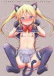 1girl animal_ear_fluff animal_ears bangs bikini black_capelet black_gloves black_legwear blonde_hair blue_eyes blush bow breasts brown_bikini capelet cat_ears cat_girl cat_tail closed_mouth commentary_request eyebrows_visible_through_hair gloves grey_skirt hands_up kemonomimi_mode kill_me_baby legs long_hair lying micro_bikini milestone_celebration muu_rian navel no_shoes nose_blush on_back pleated_skirt red_bow skirt small_breasts soles solo sonya_(kill_me_baby) swimsuit tail thank_you thighhighs twintails v-shaped_eyebrows wavy_mouth 
