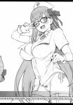  1girl :d bb_(fate) bb_(fate)_(all) bb_shot! belt_collar blush bow breasts cleavage collar cowboy_shot english_text fate/grand_order fate_(series) fixed glasses gloves greyscale hair_bow highres inoue_kiyoshirou large_breasts long_hair looking_at_viewer monochrome nurse one_eye_closed open_mouth panties scan semi-rimless_eyewear shirt short_sleeves side-tie_panties simple_background smile solo standing sweat thighhighs under-rim_eyewear underwear very_long_hair w_over_eye white_background 