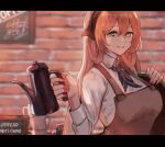  1girl a_0ekaki apron ascot bangs breasts brick_wall brown_hair cafe coffee_mug coffee_pot collared_shirt commentary_request cup girls_frontline green_eyes hair_between_eyes hair_rings holding holding_tray large_breasts letterboxed long_hair long_sleeves looking_at_viewer m1903_springfield_(girls_frontline) menu_board mug shirt sidelocks smile solo tray upper_body white_shirt 