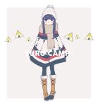  1girl bangs black_legwear blue_hair blush blush_stickers cireng-kun closed_mouth copyright_name english_commentary expressionless eyebrows_visible_through_hair full_body hair_between_eyes hat long_hair long_sleeves looking_at_viewer pantyhose scarf shima_rin simple_background solo yurucamp 