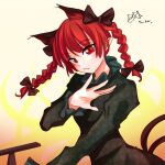  1girl :3 animal_ear_fluff animal_ears beige_background braid cat_ears cat_tail dress extra_ears ganadara_ddo green_dress hand_up head_tilt highres kaenbyou_rin long_hair looking_at_viewer multiple_tails nekomata pointy_ears red_eyes red_hair simple_background solo tail touhou twin_braids twintails two_tails wheelbarrow 