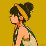  1girl absurdres black_hair earrings expressionless green_overalls hair_bun highres jewelry original signature simple_background solo upper_body yellow_background yellow_eyes yellow_theme yoshi_mi_yoshi 