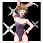  1girl :d aiming aiming_at_viewer animal_ears bangs black_background black_bow black_leotard black_neckwear border bow bowtie breasts brown_hair bunny_ears bunny_tail commentary_request detached_collar ebitama_(ebitamamix) eyebrows_visible_through_hair fake_animal_ears green_eyes gun hand_on_hip holding holding_gun holding_weapon leotard looking_at_viewer meitantei_conan open_mouth outside_border playboy_bunny sera_masumi short_hair small_breasts smile solo standing strapless strapless_leotard tail upper_teeth wavy_hair weapon white_border wrist_cuffs 