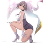  1girl bangs bare_shoulders blue_eyes breasts gloves grey_hair gridman_universe highres jacket jacket_removed large_breasts military_jacket mujina necktie purple_corset purple_neckwear purple_shorts short_hair short_necktie short_shorts shorts squatting ssss.dynazenon sunkilow white_footwear white_gloves white_jacket 