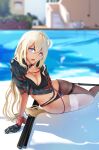  1girl asuo asymmetrical_legwear asymmetrical_sleeves bikini blonde_hair blue_eyes breasts cleavage cosplay fate_(series) gloves highres jeanne_d&#039;arc_(alter_swimsuit_berserker)_(fate) jeanne_d&#039;arc_(alter_swimsuit_berserker)_(fate)_(cosplay) jeanne_d&#039;arc_(fate)_(all) large_breasts long_hair looking_at_viewer navel pantyhose sitting smile solo swimsuit thighband_pantyhose thighhighs yokozuwari 