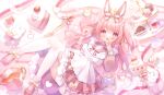  1girl :d animal_ears apron bangs blush bow brown_bow brown_dress bunny bunny_ears cake cake_slice commentary_request crown cup dress eyebrows_visible_through_hair food fork full_body hair_bow hand_to_own_mouth heart highres holding holding_food indie_virtual_youtuber long_hair long_sleeves looking_at_viewer mini_crown omochi_monaka open_mouth pink_eyes pink_footwear pink_hair puffy_long_sleeves puffy_sleeves shoes smile solo spoon strawberry_shortcake teacup thighhighs tiered_tray two_side_up ureha_mimi virtual_youtuber white_apron white_legwear 