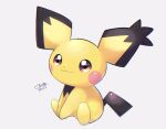  closed_mouth commentary_request creature dated full_body gen_2_pokemon highres no_humans okoge_(simokaji) pichu pokemon pokemon_(creature) shiny signature sitting smile solo spiky-eared_pichu white_background 
