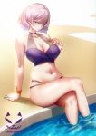 1girl arm_support bikini blue_eyes blue_nails breasts chinese_commentary cleavage crossed_legs gridman_universe hair_between_eyes highres horror_cat large_breasts mujina nail_polish navel partially_submerged pink_hair pool purple_bikini purple_swimsuit short_hair sitting ssss.dynazenon swimsuit water wristband 