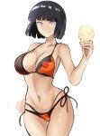  1girl bangs bikini black_bikini black_hair blunt_bangs bob_cut breasts collarbone food groin halterneck highres holding holding_food hyuuga_hinata ice_cream ice_cream_cone large_breasts midriff multi-strapped_bikini multi-strapped_bikini_bottom naruto naruto_(series) naruto_shippuuden navel orange_bikini print_bikini rakeemspoon shiny shiny_hair shiny_skin side-tie_bikini sketch solo stomach string_bikini swimsuit white_eyes 