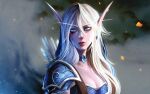  1girl alisa_nilsen armor arrow_(projectile) blonde_hair blue_choker blue_eyes choker closed_mouth earrings elf facial_mark hair_between_eyes high_elf highres jewelry long_pointy_ears looking_to_the_side pauldrons pointy_ears quiver shoulder_armor sideways_glance solo sylvanas_windrunner upper_body warcraft warcraft_3 