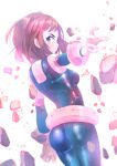  1girl anti-gravity ass bodysuit boku_no_hero_academia breasts brown_eyes brown_hair from_behind frown highres looking_at_viewer looking_back medium_breasts outstretched_arm shiny shiny_hair short_hair skin_tight solo standing sydus uraraka_ochako white_background 