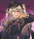  1girl :d animal ascot bat capelet commentary_request dress epaulettes eyepatch fangs finger_in_mouth grey_hair hand_up hat highres long_hair long_sleeves looking_at_viewer matsukai_mao medical_eyepatch mosomoso nijisanji open_mouth peaked_cap puffy_long_sleeves puffy_sleeves purple_capelet purple_dress purple_eyes purple_headwear red_neckwear smile solo two_side_up very_long_hair virtual_youtuber 