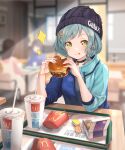  3girls absurdres aqua_hair aqua_jacket bang_dream! beanie blue_jacket blue_shirt blurry blurry_background brand_name_imitation burger chair chicken_nuggets closed_mouth commentary_request cup drinking_straw eating fast_food food french_fries hair_ornament hat highres hikawa_hina holding holding_food indoors jacket looking_at_viewer mcdonald&#039;s multiple_girls nogi_momoko overall_skirt pink_shirt restaurant sauce shirt sitting sleeves_rolled_up solo_focus sparkle star_(symbol) star_hair_ornament sunlight table tray two-tone_jacket yellow_eyes 