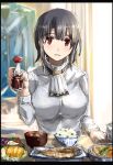  1girl black_hair border breasts food highres kantai_collection long_sleeves looking_at_viewer meal medium_breasts pov_across_table red_eyes seitei_(04seitei) shirt short_hair sketch solo takao_(kancolle) upper_body white_shirt 